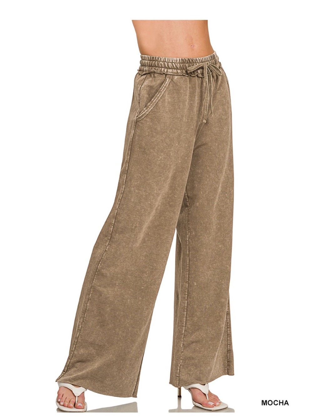 Zenana Outfitters Mocha Wide-Leg Drawstring Pants